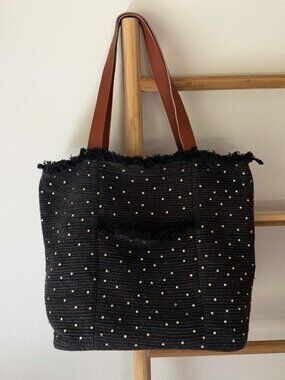 Fleurs Silk Studded Fringe Tote Black Textured Boho Shoulder Bag Large